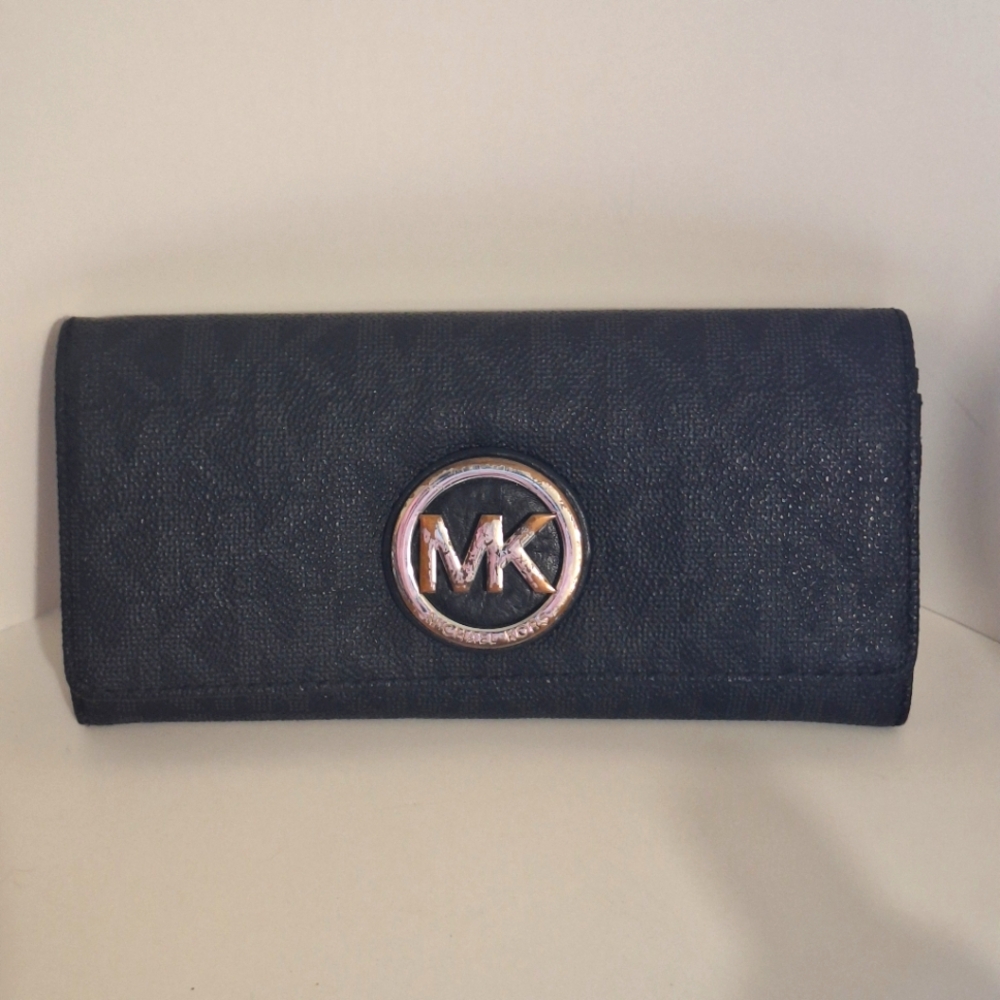 Michael Kors Black Trifold Wallet with Gold MK Logo